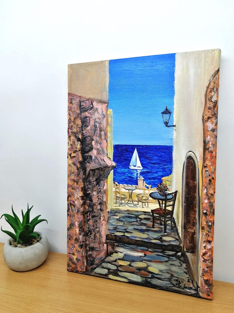 Santorini Greece Oil Painting on Canvas Original Greek Island Art, 11.8x7.9" image 16