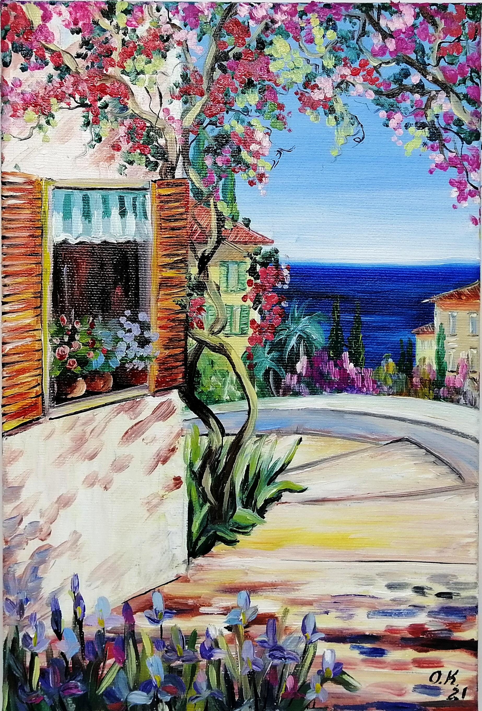 ORIGNIAL Enrico Varriale 夏のアマルフィー港　油彩 Amalfi Coast Oil Painting Original Italian Seascape Art Positano