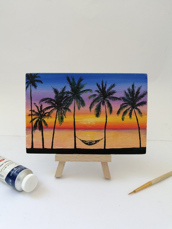 4x6 Mini Tropical Sunset Oil Painting Plam Tree Art Beach Etsy