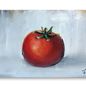 May include: A single, ripe red tomato with a green stem sits on a white background. The tomato is painted in a realistic style with visible brushstrokes.