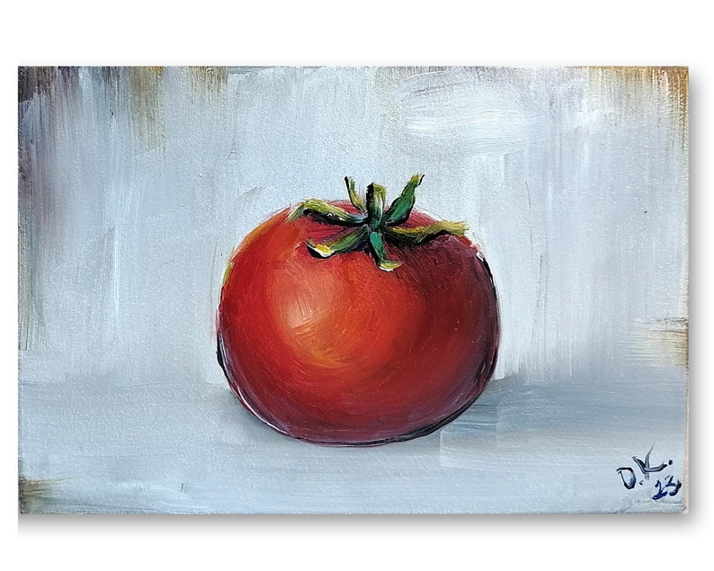 May include: A single, ripe red tomato with a green stem sits on a white background. The tomato is painted in a realistic style with visible brushstrokes.