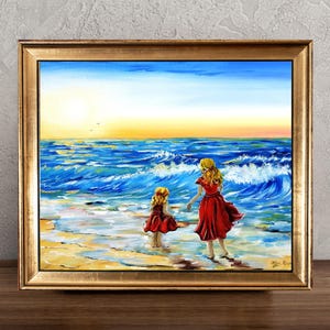 Oil painting kids room wall art Children playing original canvas art Summer beach day scene seascape artwork sunset ocean wave gift 12x16