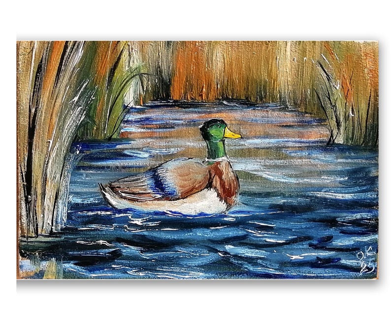 Mallard duck painting original miniature art Vintage duck oil painting farmhouse kitchen wall art country decor duck hunting gift 4x6 #2 oilpainting panel