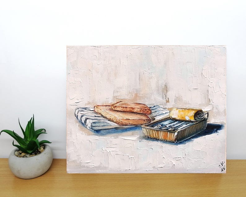 Sardine art original painting Sardines still life oil painting miniature French country kitchen art 4x6 8x10 inch panel