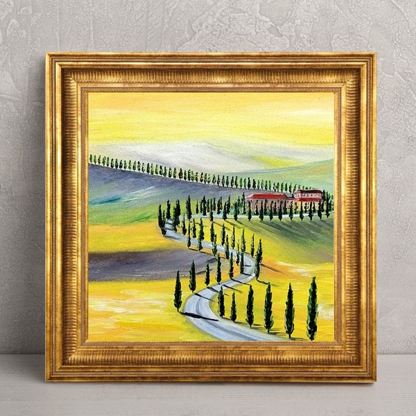 Miniature Tuscany original painting Mini Italy oil painting Italian cottage countryside landscape painting Tuscany hills art 6x6