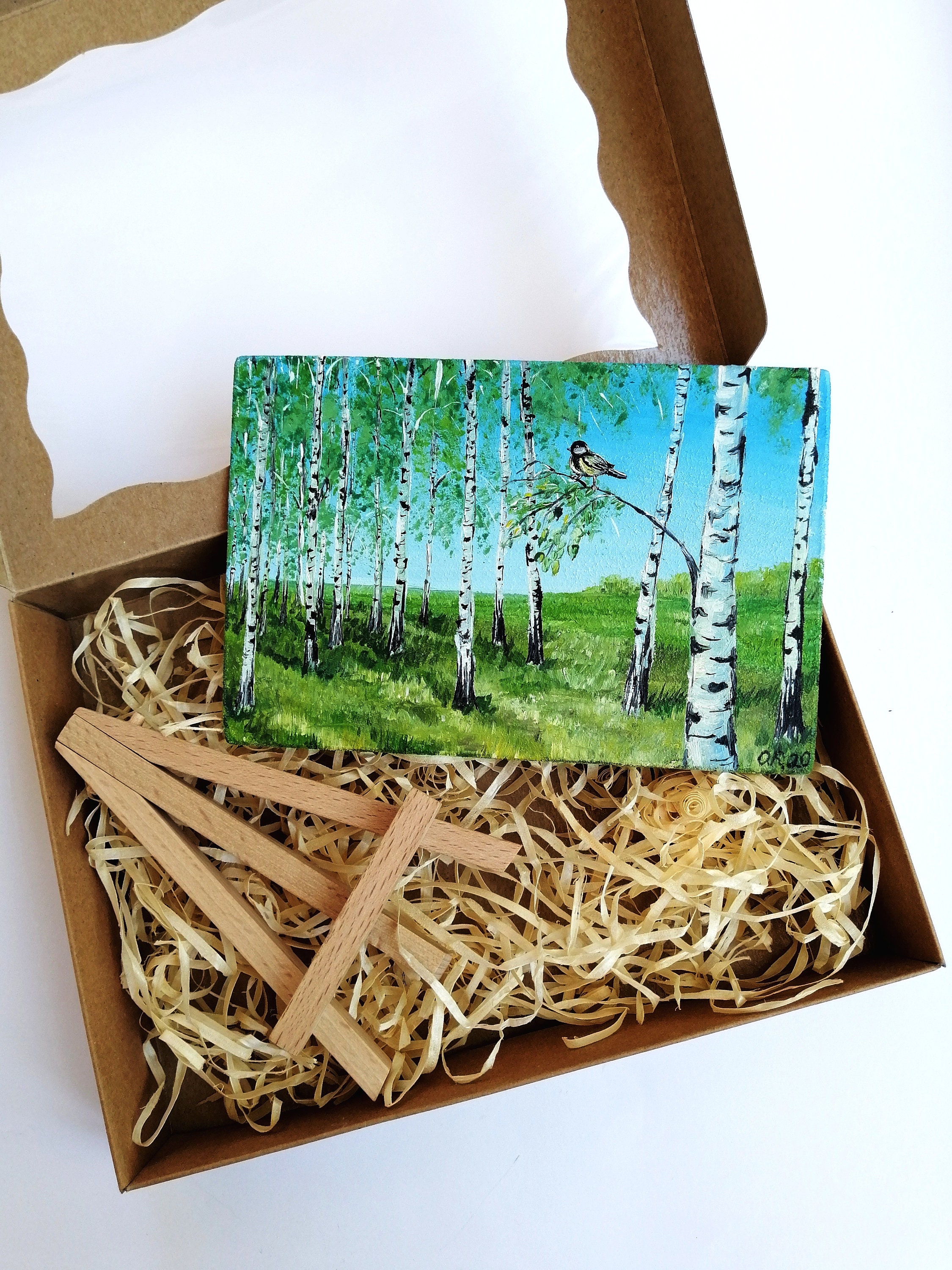 Mini birch tree oil painting on easel Summer painting birch Etsy