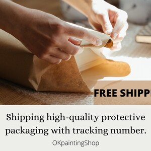 May include: Hands carefully wrapping a rolled-up item in brown paper. The item is being packaged for shipping. The image includes the text "FREE SHIPPING" and "Shipping high-quality protective packaging with tracking number."
