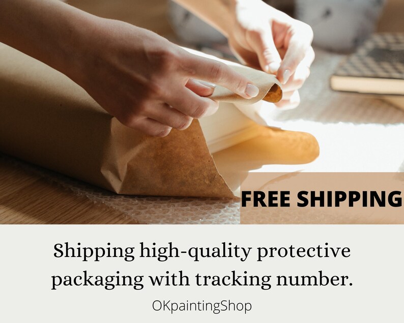 May include: Hands carefully wrapping a rolled-up item in brown paper. The item is being packaged for shipping. The image includes the text "FREE SHIPPING" and "Shipping high-quality protective packaging with tracking number."