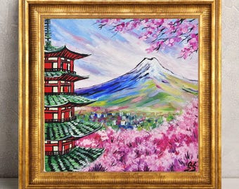 Sakura Painting: Mount Fuji Japanese Cityscape Art, Cherry
