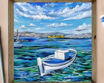 Santorini Greece Oil Painting Original White Boat Greek Seascape Art 8x8