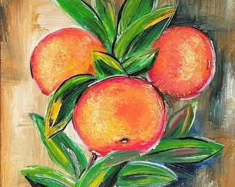 Original clementine art Still life orange tree oil painting vintage farmhouse kitchen decor 6x6