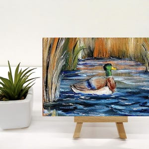 Mallard duck painting original miniature art Vintage duck oil painting farmhouse kitchen wall art country decor duck hunting gift 4x6 #2 oilpainting+easel