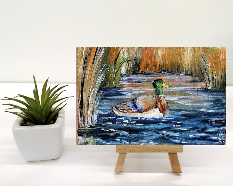 Mallard duck painting original miniature art Vintage duck oil painting farmhouse kitchen wall art country decor duck hunting gift 4x6 #2 oilpainting+easel