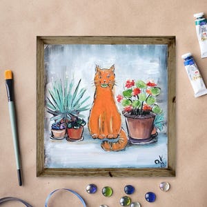 Orange Cat Oil Painting Original Flower Pots Moody Funny Cat Portrait Animal Art 6x6