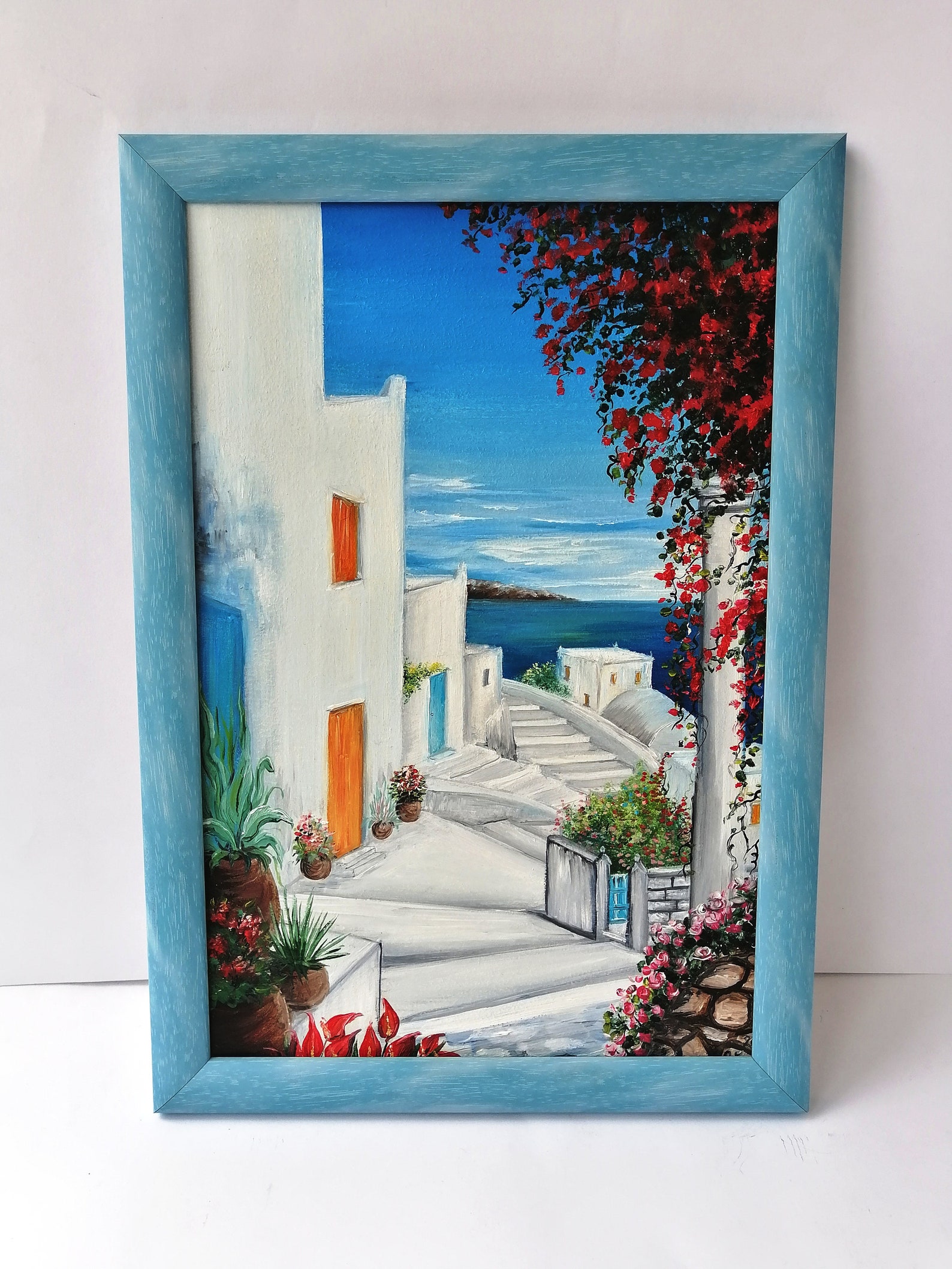 Greece wall art oil painting Framed Santorini greece art Etsy