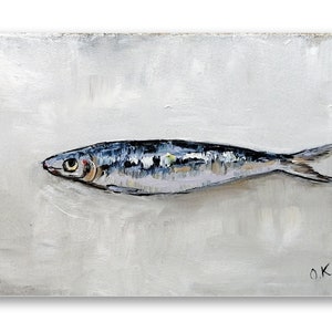 Custom sardine painting original art Large fish still life oil painting commission minimalist painting french country kitchen art