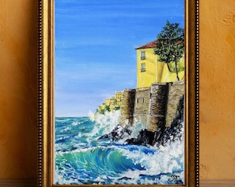 Original Amalfi Coast Oil Painting Italian Beach Scene Positano Art Seascape Wave Artwork 12x8