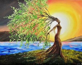 Mother earth painting Tree of life oil painting Goddess painting framed Earth goddess wall art