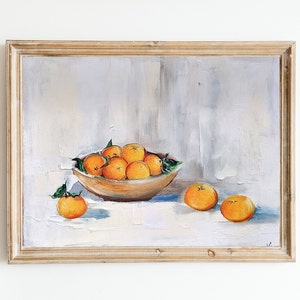 Clementine still life oil painting fruit Moody french country citrus wall art Small kitchen art 8 by 10