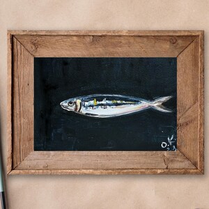Sardine art original painting Sardines still life oil painting miniature fish painting French country kitchen art 4x6