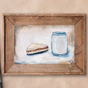 Peanut butter toast and glass of milk original oil painting Still life painting Food breakfast art moody kitchen decor 4x6