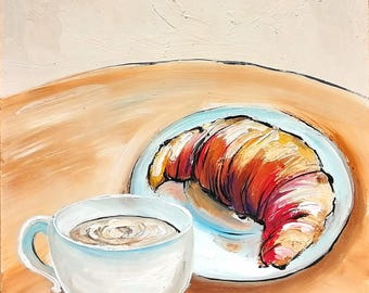 Croissant & Coffee Oil Painting Original French Kitchen Still Life Art Food Artwork 10x8