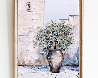 Santorini Olive Tree Oil Painting Greek Island Art, 10x8" Unframed