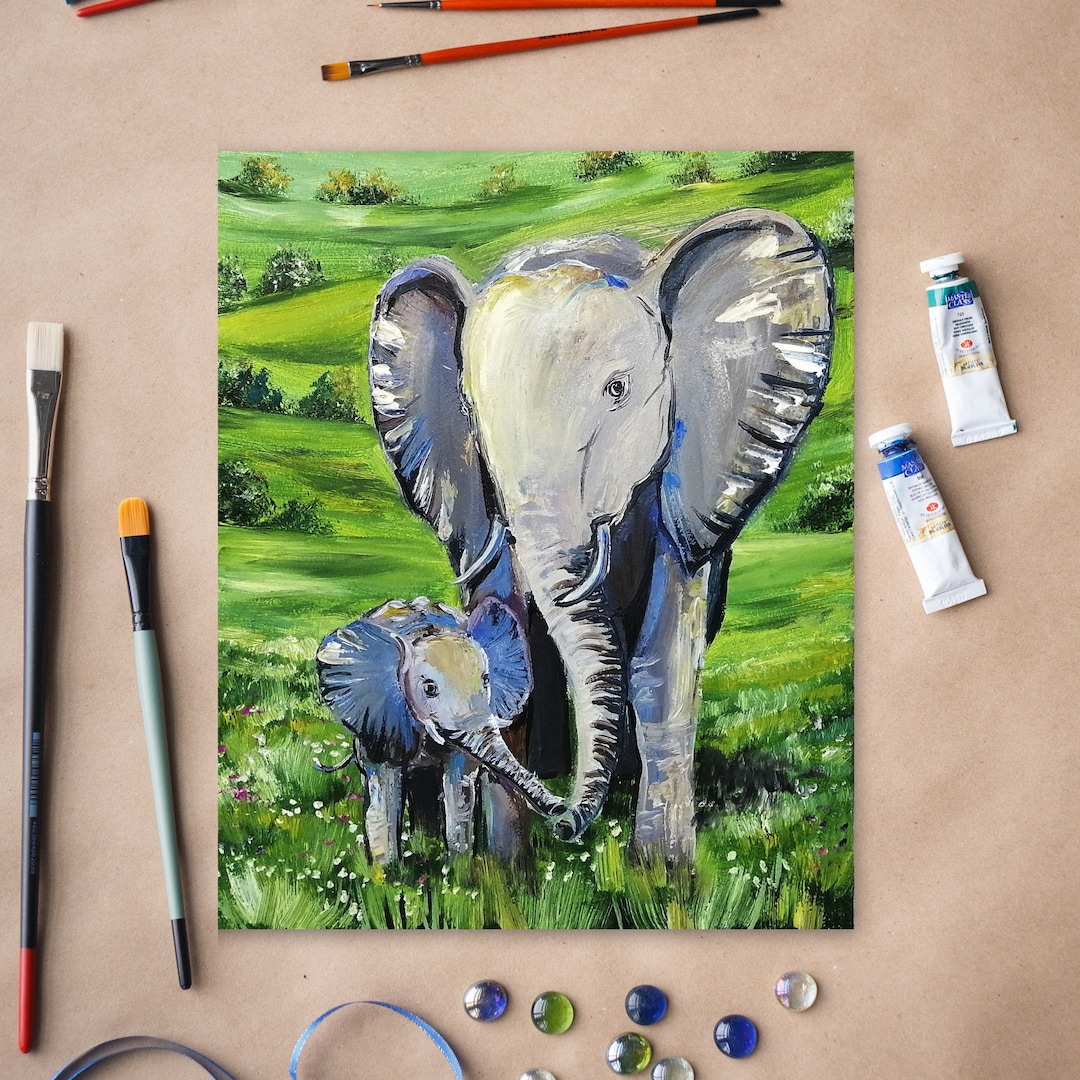 Baby Elephant Painting Original Art Mama Elephant Gifts Small Elephant Family Wall Art Safari