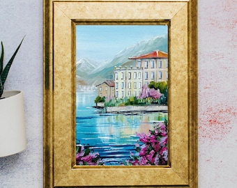 Lac de Côme, peinture Italie Original Art 6" par 4" peinture à l'huile italienne petite oeuvre de Varenna peinture florale du Bellagio