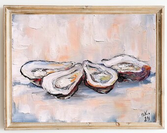 Peinture d'huîtres, nature morte de mauvaise humeur, peinture à l'huile, oeuvre d'art originale d'huîtres petite 8 x 10