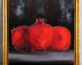 Pomegranate Oil Painting Original Dark Still Life Fruit Kitchen Wall Art 8x8