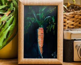 Carrot Art Original Oil Painting Dark Still Life Vegetable Wall Art Rustic Kitchen Decor 4x6