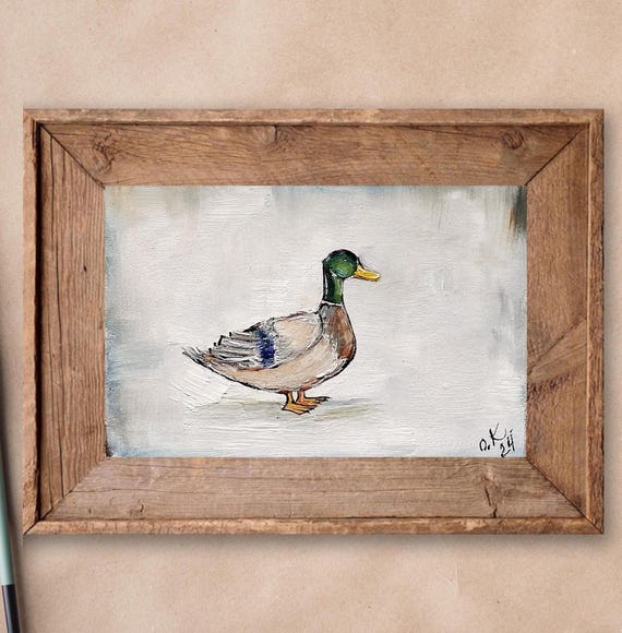 Mallard duck painting original miniature art Vintage duck oil painting farmhouse kitchen wall art country decor duck hunting gift 4x6