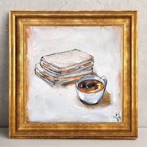 Coffee oil painting original art Food art oil painting peanut butter toast painting breakfast coffee cup art vintage oil painting 6x6