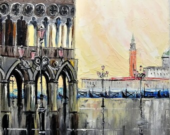 May include: A painting of a cityscape with a tall building in the background and a stone archway in the foreground. The painting is done in a painterly style with visible brushstrokes. The colors are muted and earthy, with shades of gray, brown, and yellow.