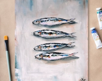 Sardine art original painting Sardines still life oil painting miniature French country kitchen art 10x8