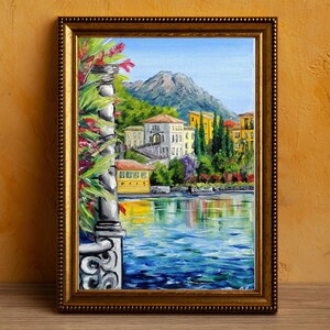 Original painting Lake como Italy wall art canvas Flowers painting italian lake oil painting Small spring painting 12x8