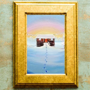 Winter Oil Painting Christmas Original Art Winter Landscape Oil Painting Cabin Christmas Small Holiday Artwork by OKpaintingShop
