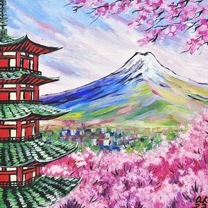 Sakura Painting: Mount Fuji Japanese Cityscape Art, Cherry Blossom Oil Painting 6x6
