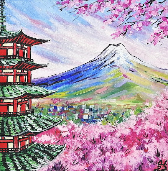 Sakura Painting Japanese Original Art Japan Cityscape