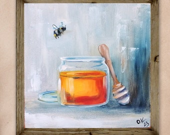 Honey jar and honey bee original oil painting food art Small still life oil painting honey kitchen wall art farmhouse decor 6x6