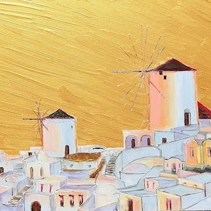 Santorini Sunset Oil Painting: Greek Seascape Art, Gold Minimalist Decor, 11x14