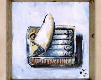 Sardine art original painting Sardines still life oil painting miniature French country kitchen art 6x6