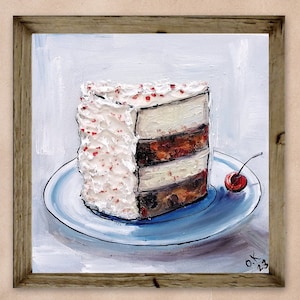Cake oil painting original food art Small still life oil painting dessert wall art moody kitchen art cake artwork miniature painting 6x6