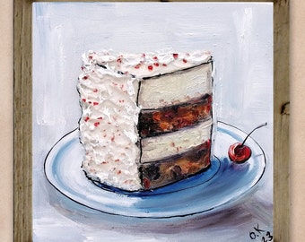 Peinture à l'huile de gâteau art culinaire original petite nature morte peinture à l'huile dessert art mural de mauvaise humeur cuisine art gâteau oeuvre miniature peinture 6 x 6