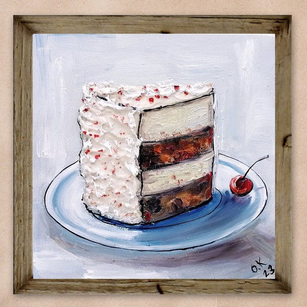 Peinture à l’huile de gâteau art alimentaire original Petite nature morte peinture à l’huile dessert mur art moody cuisine art gâteau illustration peinture miniature 6x6