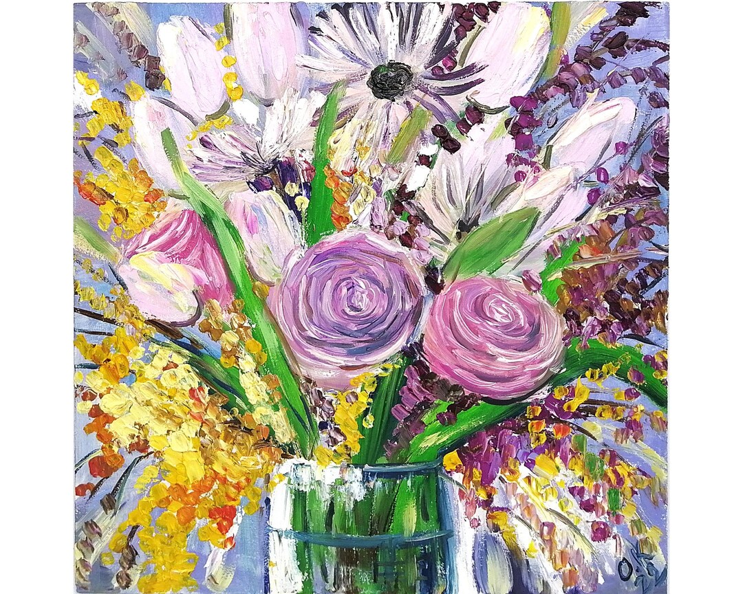 Tulip Oil Painting Spring Flowers Original Art Still Life Impasto Peony ...