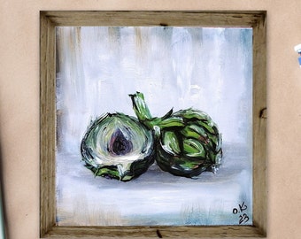 Artichoke original painting miniature art Small still life oil painting vegetable moody painting farmhouse kitchen decor 6x6