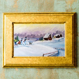 Christmas Painting Winter Original Art Christmas Village Painting Pine Tree Painting Winter Oil Painting Small Artwork by OKpaintingShop