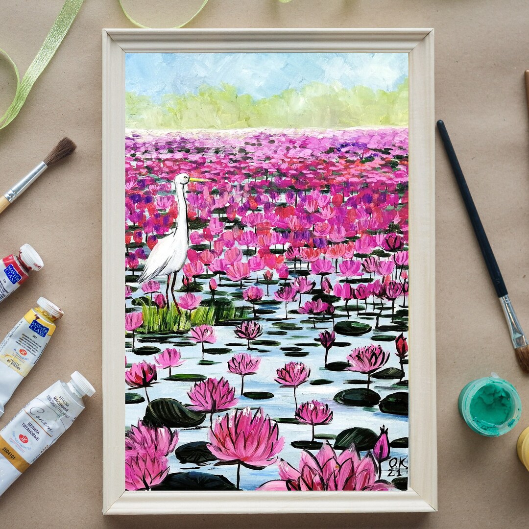 Lotus Flower Wall Art Original Painting Japanese Lotus Art Oil Painting